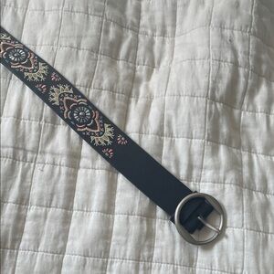 Floral Embroidered Black Belt with Silver Buckle